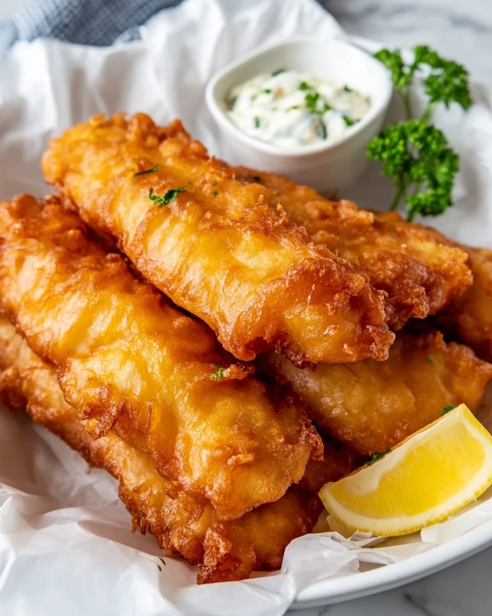 The image shows a close-up of four golden brown battered fish fillets stacked slightly on each other in a white bowl lined with white paper. The fish batter is crispy and textured with small bubbles and ruffled edges. On the top right corner of the bowl is a small white sauce cup filled with creamy white tartar sauce garnished with green herbs. A fresh green parsley sprig peeks from the back right side. In the bottom right corner, there is a bright yellow lemon wedge resting partly on the fish. The bowl sits on a white marbled surface. photo taken with an iphone --ar 4:5 --v 7