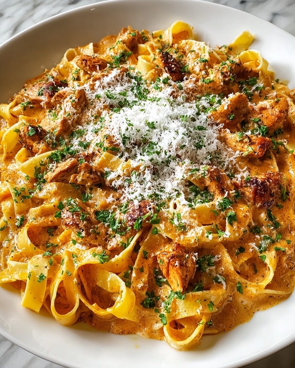 A white round plate holds a serving of creamy pasta with a light orange sauce evenly coating flat, wide noodles arranged in loose spirals, topped with browned pieces of chicken spread throughout. The dish is sprinkled with finely chopped green herbs and a generous layer of grated white cheese in the center, creating a contrast of colors and textures against the smooth sauce and tender noodles. The background is a white marbled surface. photo taken with an iphone --ar 4:5 --v 7