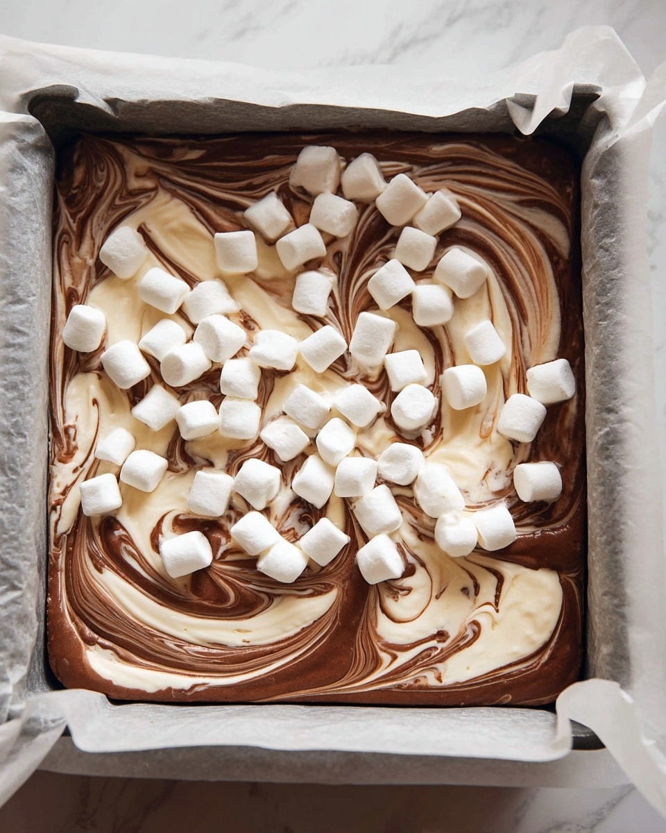 A close-up of a square baking pan lined with parchment paper filled with a swirled mixture of dark brown chocolate and creamy white batter, creating a marbled effect with smooth and thick textures. On top, there is a layer of small, soft white marshmallows scattered unevenly across the surface, adding a soft and puffy contrast to the swirled base. The pan sits on a white marbled surface, and the overall composition highlights the rich and creamy appeal of the dessert before baking. photo taken with an iphone --ar 4:5 --v 7