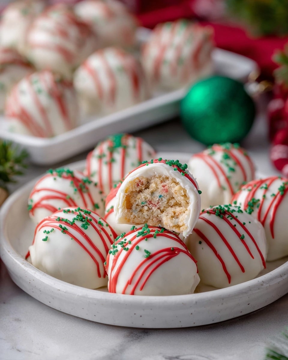 A white round plate holds several small white coated balls with red icing lines drizzled over each one. The balls are decorated with small green sugar sprinkles on top. One ball is cut open showing a crumbly, beige inside with small colorful bits embedded, giving a festive look. In the background, a white square plate with similar decorated treats is slightly out of focus, and green holiday decorations add a festive touch. The whole scene is on a white marbled surface. photo taken with an iphone --ar 4:5 --v 7