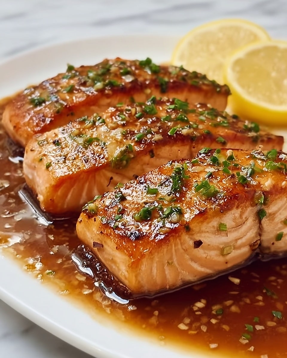 The image shows three thick, grilled salmon fillets with a golden-brown, slightly crispy exterior, sprinkled with small green herb pieces on top. The salmon rests on a glossy layer of brown sauce with visible small bits of seasoning or garlic, pooling beneath the fish on a white plate. At the back, there are lemon wedges with bright yellow skin and pale yellow flesh. The entire dish is set on a white marbled surface. Photo taken with an iphone --ar 4:5 --v 7