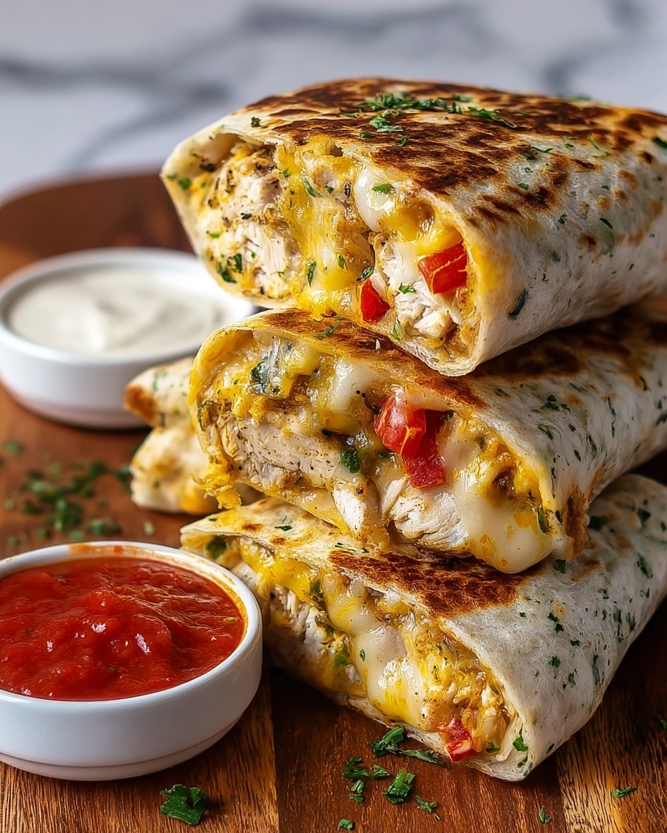 The image shows three thick grilled wraps stacked on a wooden board with a white marbled texture in the background. Each wrap has a golden brown grilled outside speckled with green herbs. The wraps are cut in half, revealing inside layers of melted yellow and white cheese stretching with soft grilled chicken pieces and small chunks of red bell pepper. On the side, there are two small white bowls, one filled with bright red salsa sauce and the other with a light creamy sauce. Bits of green herbs are scattered around for decoration. Photo taken with an iphone --ar 4:5 --v 7