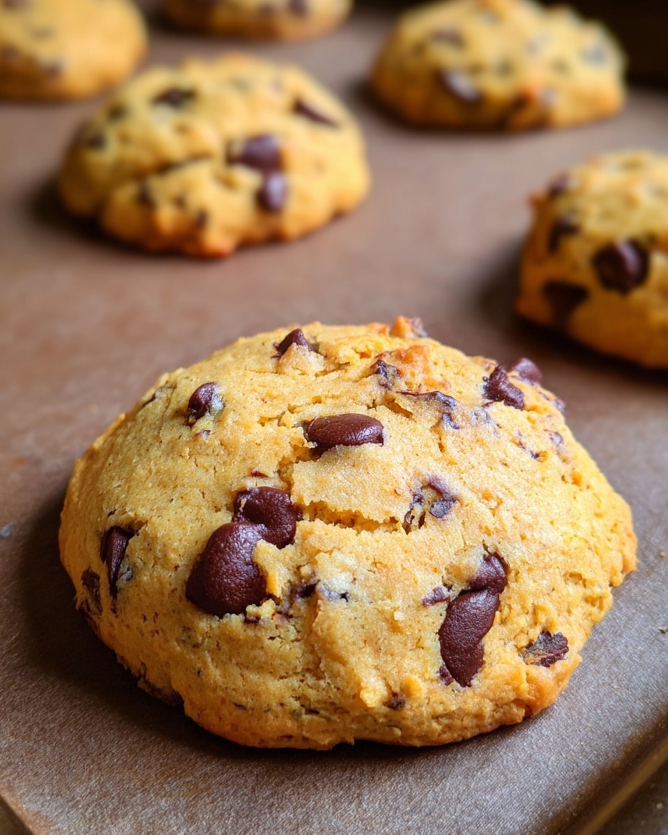 The image shows a close-up of a golden-brown cookie with a soft, slightly rough texture. The cookie is round and thick, studded with dark brown chocolate chips that are scattered unevenly throughout the dough, some partly melted. The cookie rests on a smooth brown baking tray, with other similar cookies blurred in the background. The surface of the cookie has small cracks, giving it a homemade, fresh-baked look. photo taken with an iphone --ar 4:5 --v 7