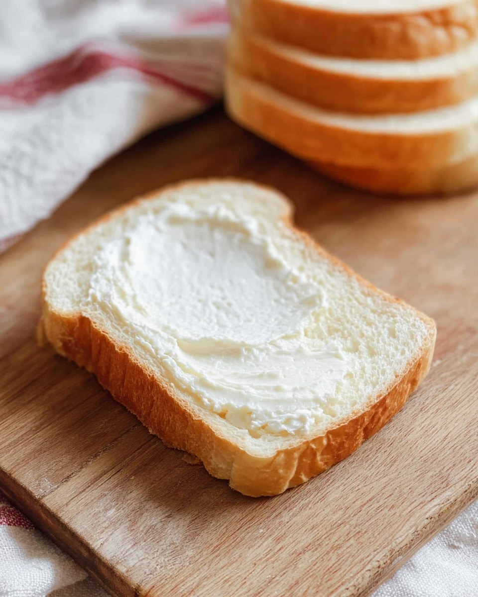 A single slice of white bread lies flat on a wooden board with a smooth, even layer of white spread covering its surface. Behind it, there is a small stack of four thick white bread slices showing soft, airy interiors and golden brown crusts around the edges. To the side, part of a white cloth with red stripes is visible, resting on the wooden board. The overall tone is warm with a natural texture and lighting. Photo taken with an iphone --ar 4:5 --v 7
