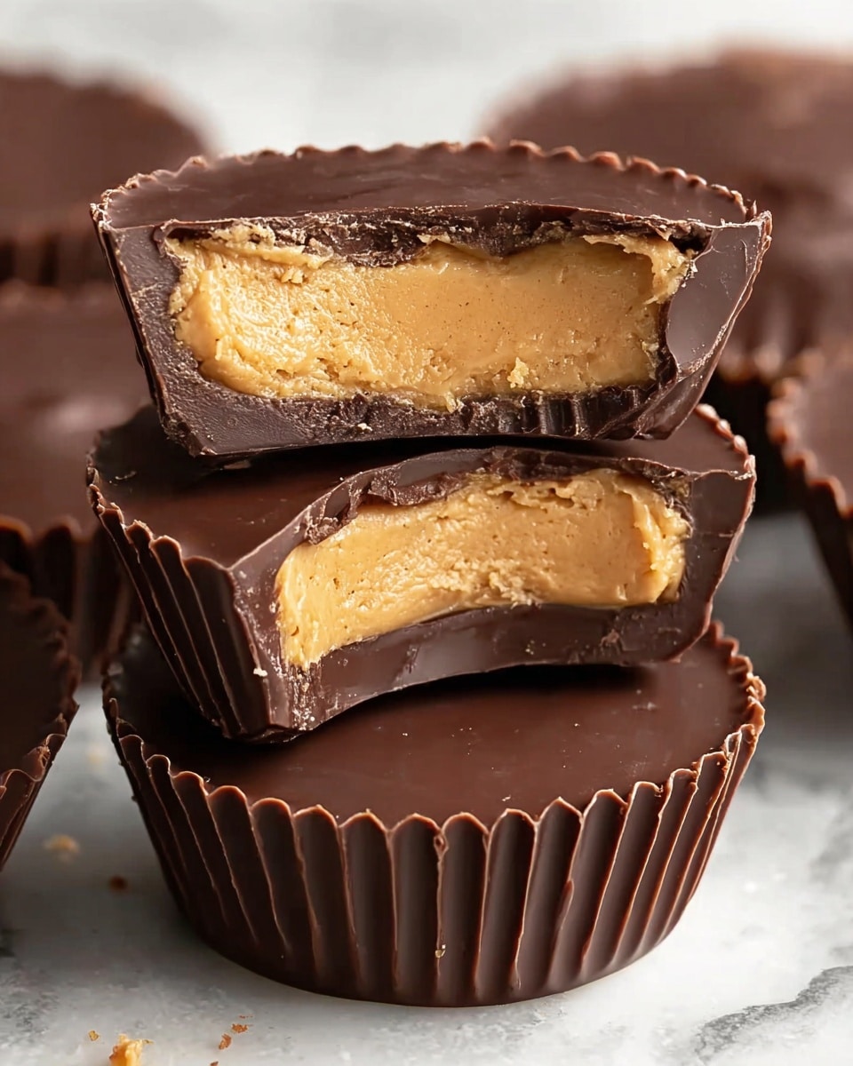 A close-up of a stack of chocolate cups on a white marbled surface, with one cup on top cut in half to show its layers. The outer layer is dark brown, smooth, and glossy chocolate, wrapping around the entire cup. Inside, there is a creamy, light brown peanut butter filling with a soft, slightly grainy texture. The peanut butter layer takes up most of the cup's inside and contrasts with the thick chocolate shell. The edges of the chocolate cup have a ridged pattern from the mold. Photo taken with an iphone --ar 4:5 --v 7