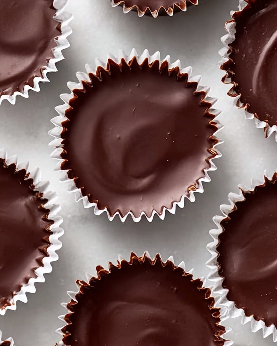 The image shows several chocolate cups placed in white crinkled paper liners arranged on a white marbled surface. Each chocolate cup has a smooth, glossy dark brown top layer with slightly uneven edges that gently ripple around the sides. The layers appear solid and uniform, with the cups closely placed together, capturing the rich, shiny texture of the chocolate. photo taken with an iphone --ar 4:5 --v 7