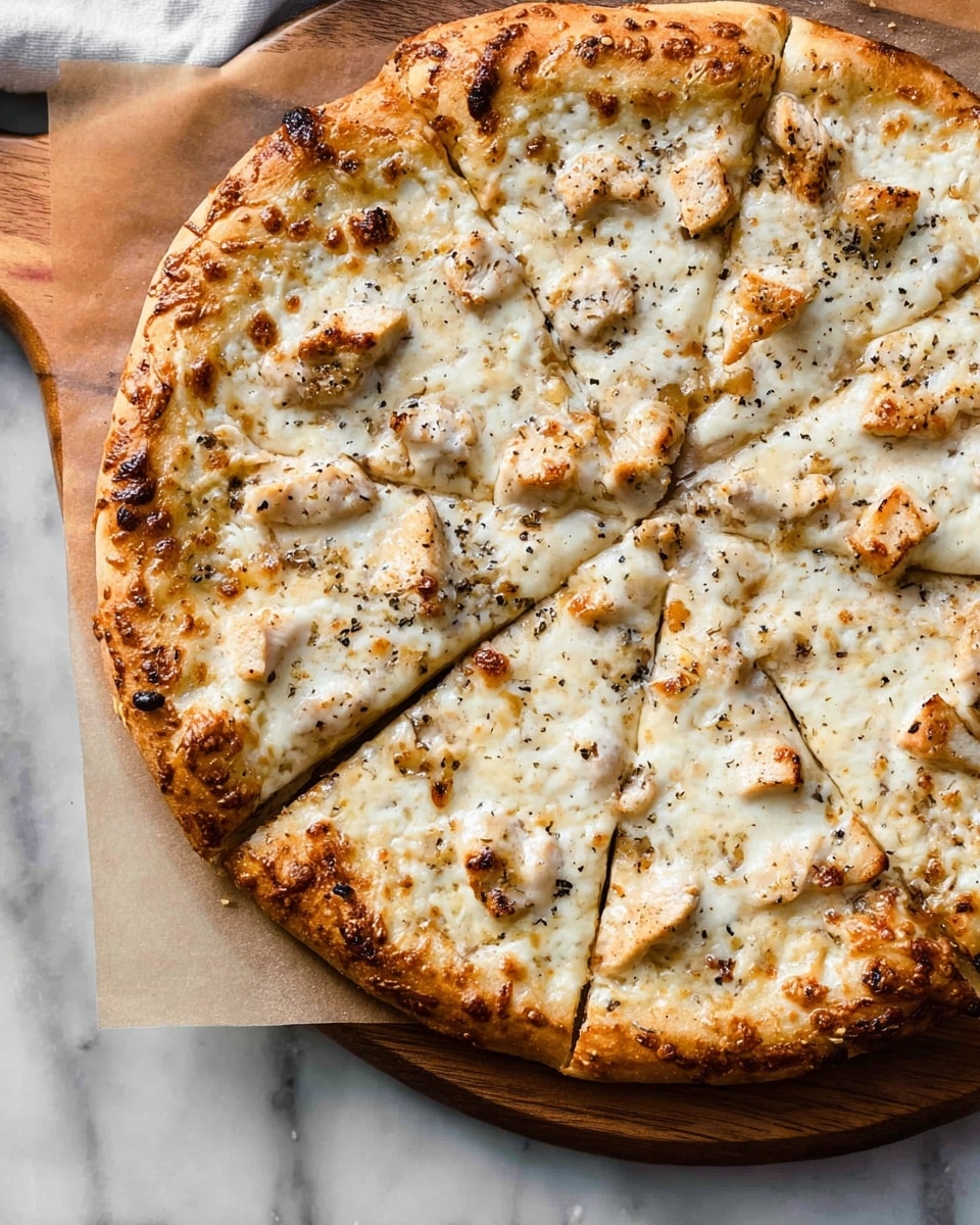 The image shows three slices of pizza on a white marbled surface, topped with a single creamy white cheese layer that is melted and bubbly with some toasted golden spots. Scattered on top are small pieces of slightly browned chicken, adding a light brown color contrast to the smooth cheese. The edges are a light golden brown crust with a soft texture. The cheese stretches slightly between the slices, showing its gooey quality. photo taken with an iphone --ar 4:5 --v 7