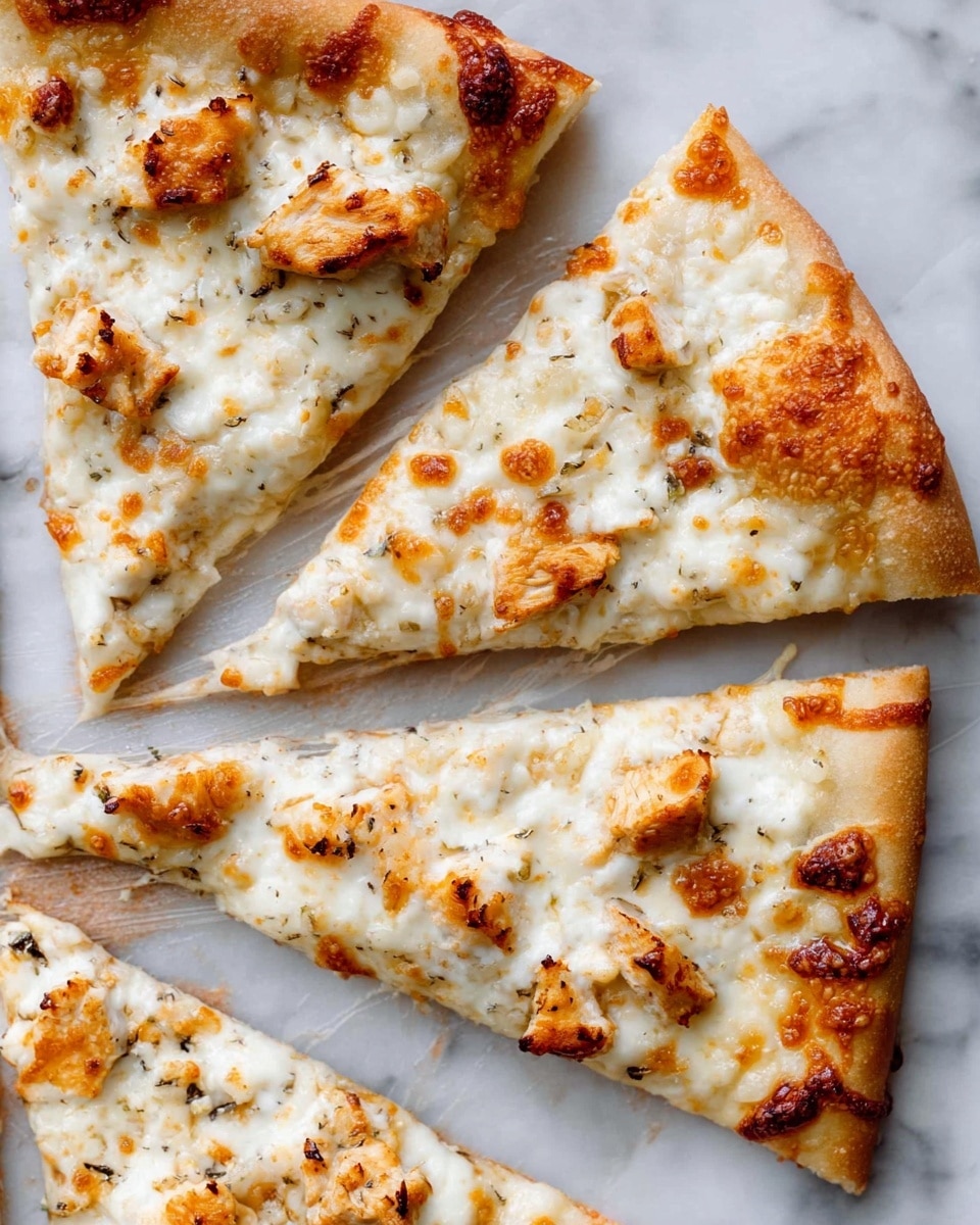 A round pizza with a golden-brown crust sits on a wooden pizza peel covered with parchment paper. The pizza is cut into eight slices and topped with a melted white cheese layer, slightly browned in spots. There are small chunks of grilled chicken scattered evenly across the cheese. The surface shows some black pepper seasoning sprinkled lightly on top. The background features a white marbled texture. Photo taken with an iphone --ar 4:5 --v 7