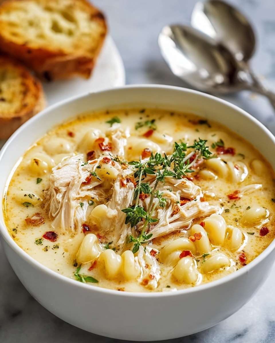 A bowl of creamy chicken and noodle soup is shown in a white bowl. The soup has a thick, light yellow broth with soft curled noodles and shredded chicken pieces floating on top. There are some small red chili flakes and green herbs sprinkled over the soup, and a sprig of fresh thyme lies on top. In the background, a slice of toasted bread is slightly out of focus, resting on a white marbled surface, with two shiny spoons nearby. photo taken with an iphone --ar 4:5 --v 7