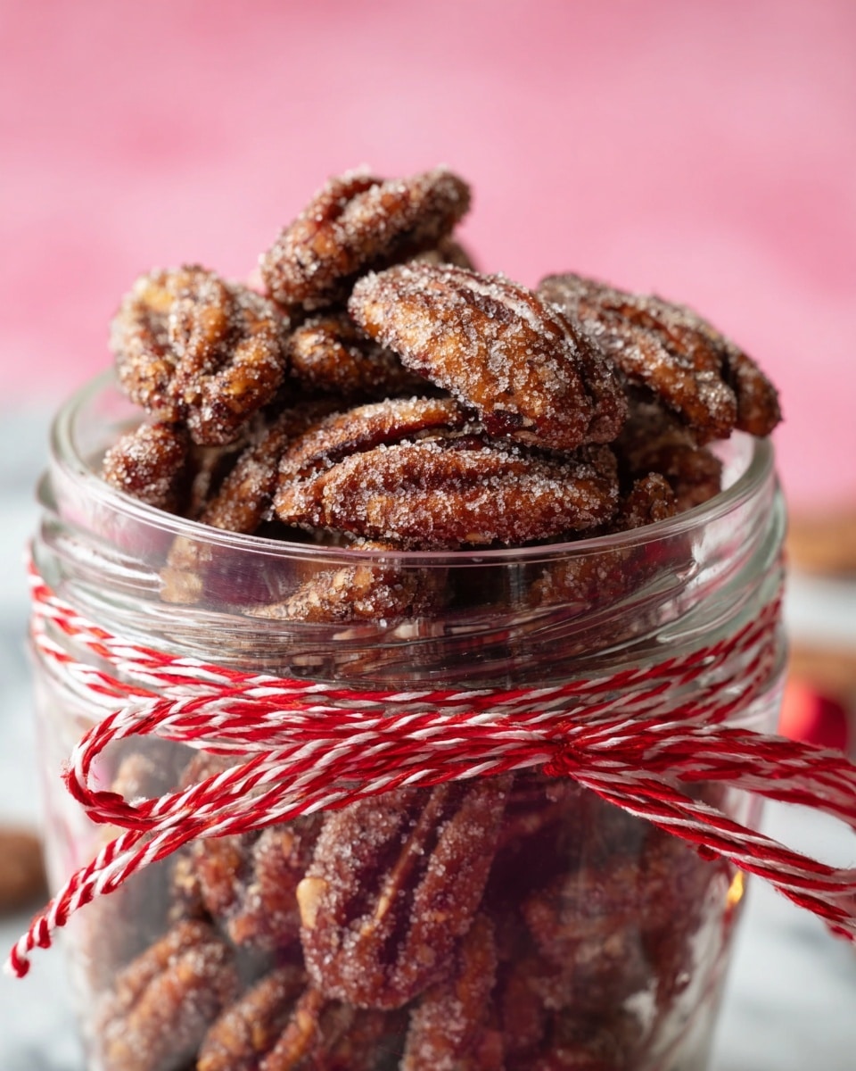 A close-up image showing a glass jar filled with sugar-coated pecan nuts, with a rough and grainy texture covering each pecan. The pecans are layered inside the jar, showing their deep brown color with the sugary coating glistening slightly. The jar is decorated with a red and white striped string tied around its neck. The background has a soft pink color but the surface under the jar is a white marbled texture. Photo taken with an iphone --ar 4:5 --v 7