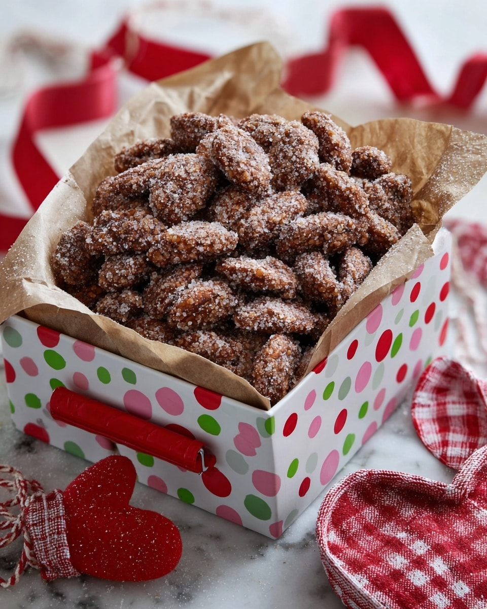 A gift box with white base and red, green, and pink polka dots is filled with crumpled brown paper, holding a large pile of sugar-coated roasted nuts that are brown with a rough texture from the sugar. The nuts have a crunchy, uneven coating and are piled high, filling most of the box. A small red cloth clip shaped like a mitten is clipped to the edge of the box. Around the box, there are red ribbons and a red and white checkered fabric heart, all placed on a white marbled surface. photo taken with an iphone --ar 4:5 --v 7