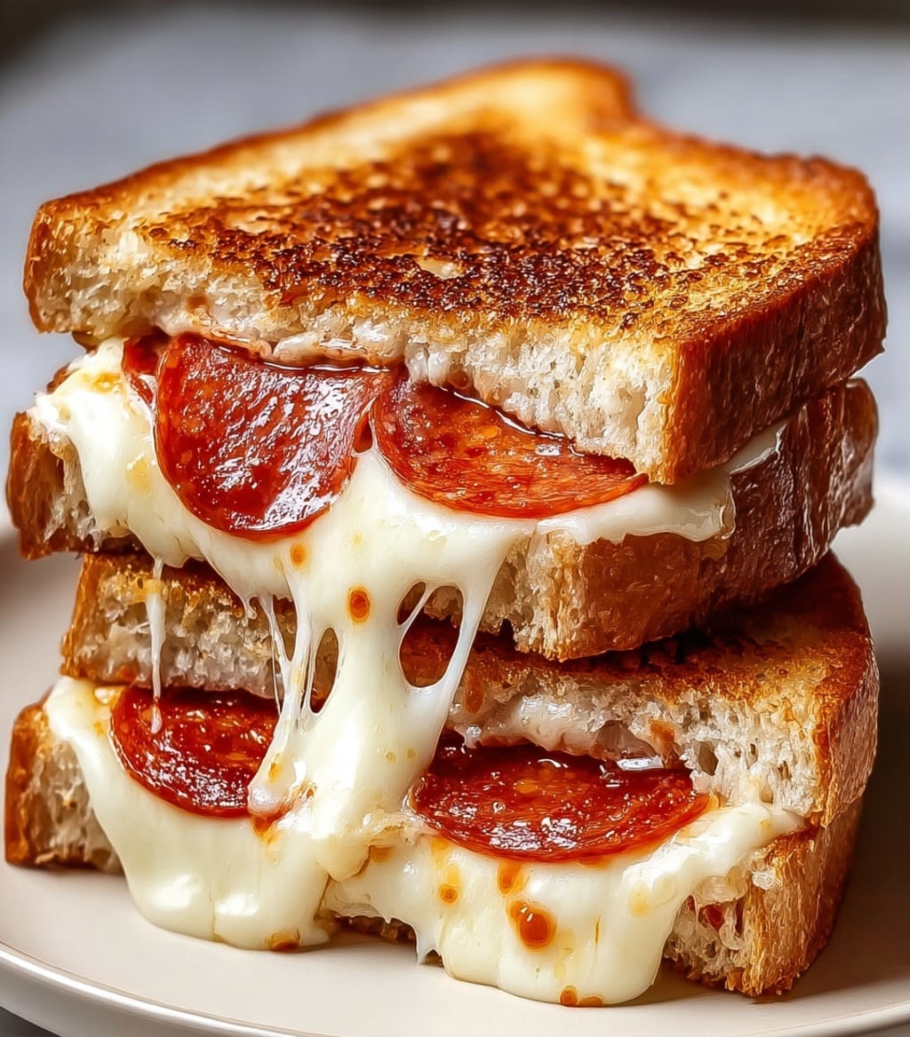 The image shows a close-up of a grilled sandwich cut into two pieces stacked on top of each other on a white plate. Each sandwich half has two slices of golden brown toasted bread with a crunchy texture. Inside, there is a thick layer of melted, creamy white cheese that stretches and drips slightly over the edges, with a few browned spots on top. Underneath the cheese, there are several round, red pepperoni slices that peek out visibly, adding a rich color contrast. The sandwich is set on a white marbled surface in soft lighting. photo taken with an iphone --ar 4:5 --v 7