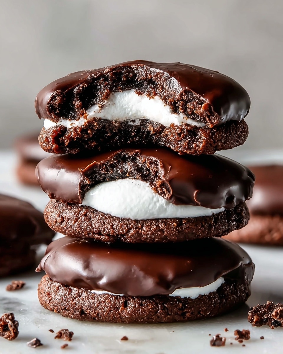 A stack of three chocolate-covered cookies with a bite taken out of each, showing a soft white marshmallow center inside a dark brown, slightly crumbly cookie base. Each cookie is topped with a smooth, shiny layer of dark chocolate that has a slightly uneven surface. The cookies are arranged on a white marbled surface, with some small chocolate crumbs scattered around them. The background is blurred with a soft, neutral tone, emphasizing the rich texture of the cookies. photo taken with an iphone --ar 4:5 --v 7