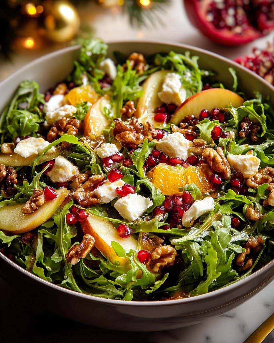 A fresh salad served in a white bowl filled with a base layer of bright green arugula leaves, topped with scattered pieces of creamy white goat cheese, crunchy light brown walnut halves, deep red pomegranate seeds, and slices of golden yellow pear. The salad is lightly drizzled with a shiny, golden dressing, and the bowl is placed on a white marbled surface with soft warm lighting in the background. Photo taken with an iphone --ar 4:5 --v 7
