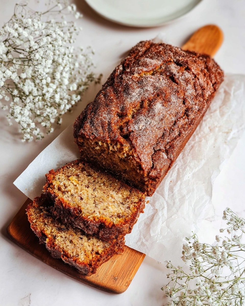 A loaf of banana bread on a white marbled surface, resting on a wooden cutting board lined with white parchment paper; the bread has a rough, dark golden-brown crust with a slightly crunchy texture on top, and the inside shows a moist, light brown crumb with small dark specks throughout, visible in the two thick slices cut from the loaf and laid near it, surrounded by delicate white baby's breath flowers in the blurred background; photo taken with an iphone --ar 4:5 --v 7