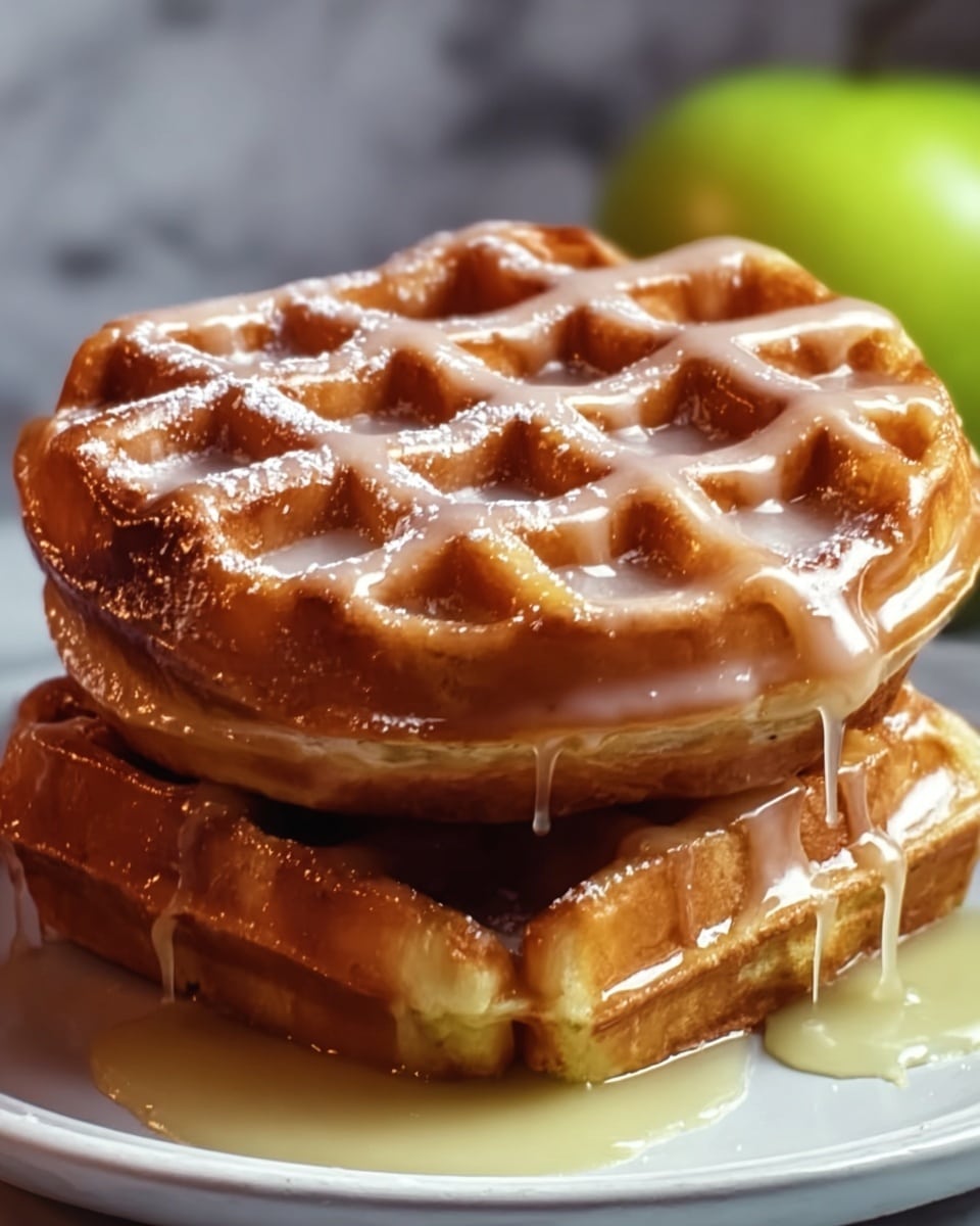 A stack of two golden brown waffles with a shiny, smooth glaze dripping down their grid surface, giving them a glossy look. Each waffle has a thick, raised square pattern with crispy edges showing a slight caramelized color. The waffles are placed on a white plate, set against a white marbled texture background that softly reflects light. Photo taken with an iphone --ar 4:5 --v 7