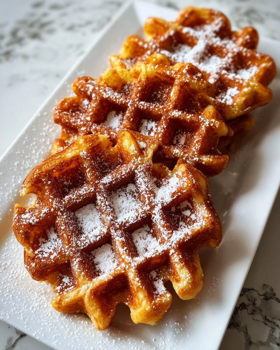 The image shows three golden-brown waffles with a crispy texture, arranged close together on a white plate. The waffles have a grid pattern with deep pockets and are sprinkled lightly with white powdered sugar. The plate is placed on a white marbled surface, and the focus is sharp on the waffles in the front, while the background is softly blurred. photo taken with an iphone --ar 4:5 --v 7