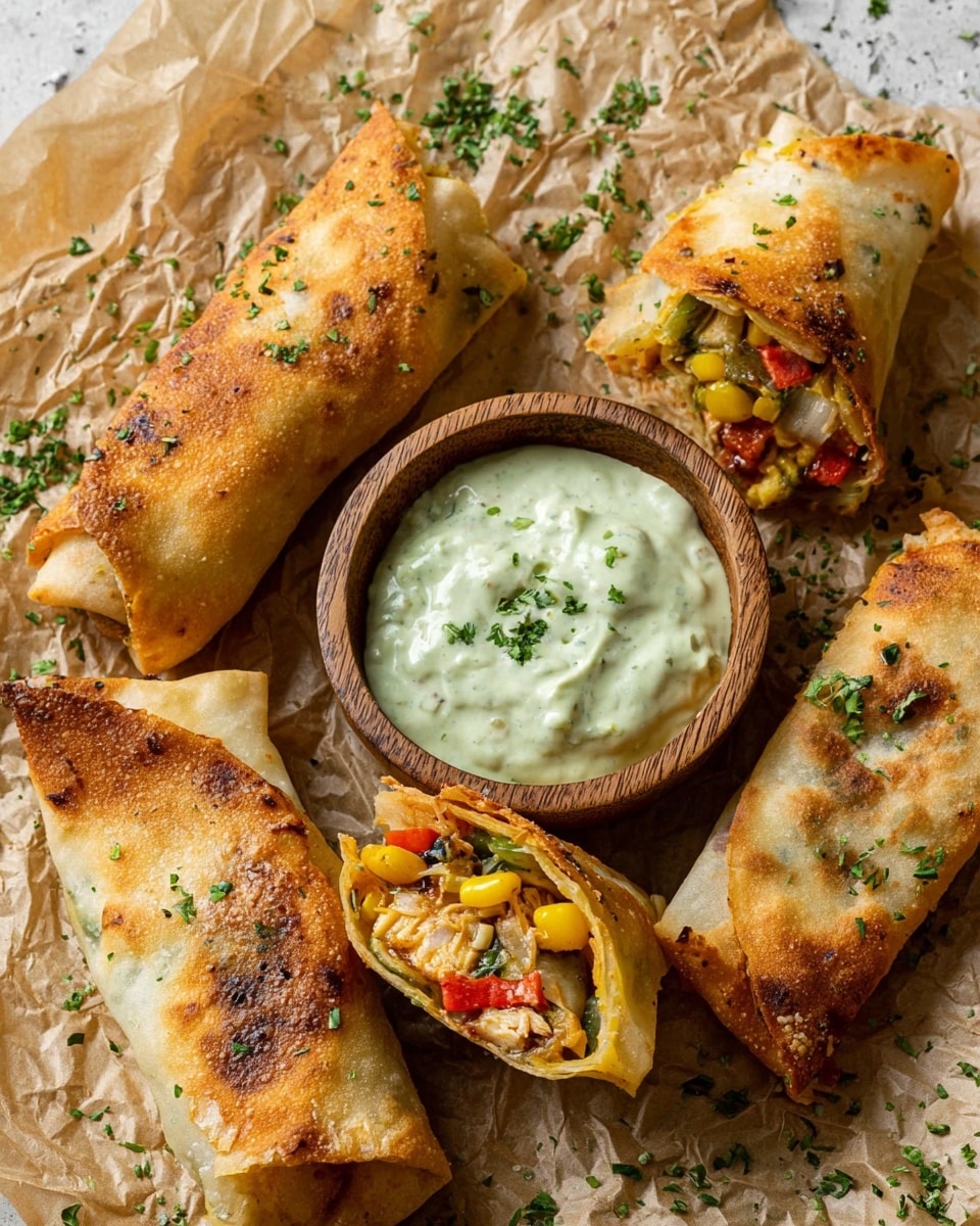 The image shows a close-up of golden brown crispy egg rolls on crinkled brown paper. One egg roll is whole and centrally placed near the top, showing a lightly bubbled and fried texture. Around it are four cut egg roll pieces, each revealing a colorful inside of shredded chicken, yellow corn, red and green peppers, and black beans. In the center, there is a round wooden bowl filled with creamy light green dipping sauce sprinkled with small green herb pieces. The whole scene is set on a white marbled surface. photo taken with an iphone --ar 4:5 --v 7