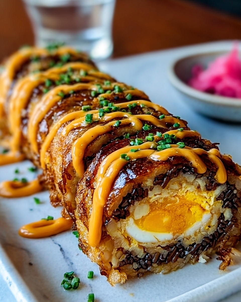 This image shows a close-up of a sliced roll with several layers arranged horizontally. The outer layer is golden brown and grilled with a slightly crispy texture. Inside, there is a soft yellow layer of cooked egg yolk, surrounded by a slightly darker cooked egg white layer. The roll is topped with a smooth, bright orange sauce drizzled in a zig-zag pattern. Small pieces of chopped green onions are scattered over the top and inside the slices. The roll is placed on a wooden board with a white marbled surface in the background. Photo taken with an iphone --ar 4:5 --v 7