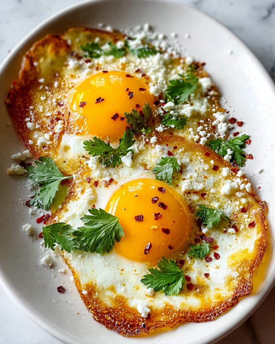 Two fried eggs with bright, glossy yellow yolks sitting in the middle of each egg, surrounded by slightly crispy white edges that have a golden-brown color with some darker spots. Crumbled white cheese is scattered over and around the eggs. Fresh green parsley leaves are sprinkled on top, adding a pop of color. Tiny red chili flakes are spread on the yolks and the edges of the eggs. The food is served on a white plate placed on a white marbled surface. photo taken with an iphone --ar 4:5 --v 7