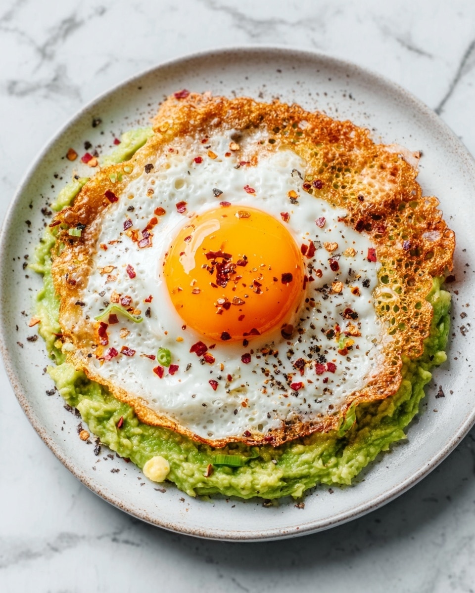 A white plate holds a dish with three main layers: the bottom layer is a smooth, green avocado spread covering the plate's base; on top, a crispy fried egg white layer with uneven, crinkled edges and a slightly browned texture; the final layer is a bright orange fried egg yolk centered perfectly, surrounded by specks of red chili flakes and black pepper sprinkled lightly over the top. The background is a white marbled texture. Photo taken with an iphone --ar 4:5 --v 7