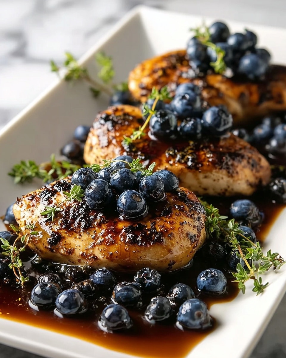 The image shows a white rectangular plate filled with three pieces of grilled chicken breasts, which are golden brown with dark char marks on top, creating a textured, slightly crispy surface. Each chicken piece is topped with a small cluster of shiny, dark blue blueberries and a few sprigs of fresh green thyme. Around the chicken pieces, there are many loose blueberries scattered across the plate, sitting in a pool of glossy dark brown sauce that pools at the bottom, adding shine and richness to the presentation. A few extra thyme sprigs lie on the plate near the edges, giving a fresh green contrast to the overall warm tones. The background is a white marbled texture, giving a clean and elegant look. photo taken with an iphone --ar 4:5 --v 7