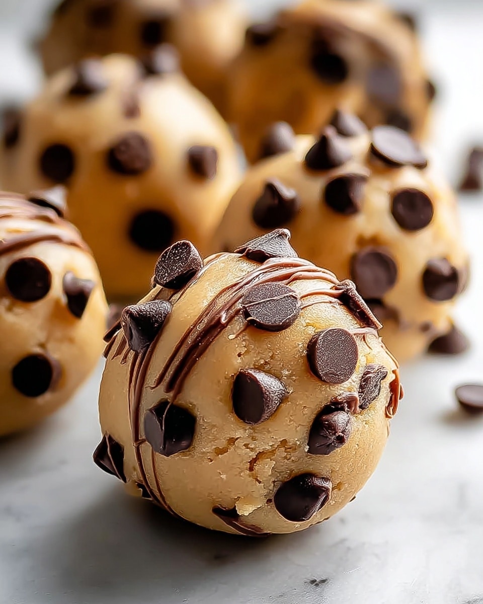 The image shows several round truffles, each covered in a smooth light beige coating with dark chocolate chips embedded and scattered on the surface. The truffles have a soft texture with a slight glossy finish, and the top layer is drizzled with thin lines of the same light beige coating. One truffle in the foreground has a small bite taken out, revealing a dense, rich inner texture. The truffles are placed on a shiny white plate that sits on a white marbled surface, creating a clean and bright background. photo taken with an iphone --ar 4:5 --v 7