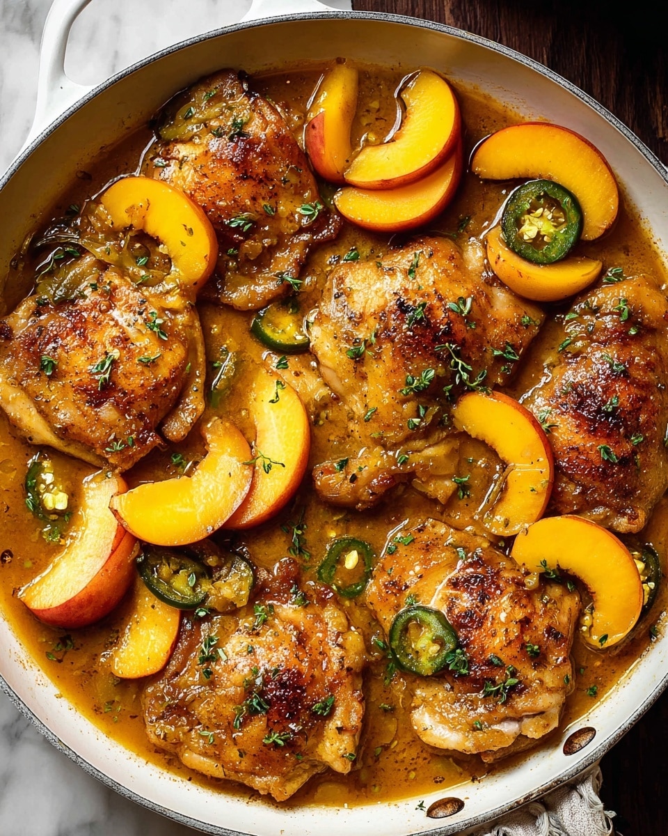 A white skillet filled with six pieces of golden-brown cooked chicken thighs sitting in a thick, shiny orange-brown sauce. Around and on top of the chicken thighs are multiple slices of bright yellow and orange peach wedges, as well as thin, dark green slices of jalapeños. Small bits of chopped green herbs are sprinkled evenly over the chicken and sauce, adding a fresh touch. The texture of the sauce is smooth and glossy, coating the chicken and fruit evenly. The skillet handle is visible at the bottom right, resting on a white marbled surface. photo taken with an iphone --ar 4:5 --v 7