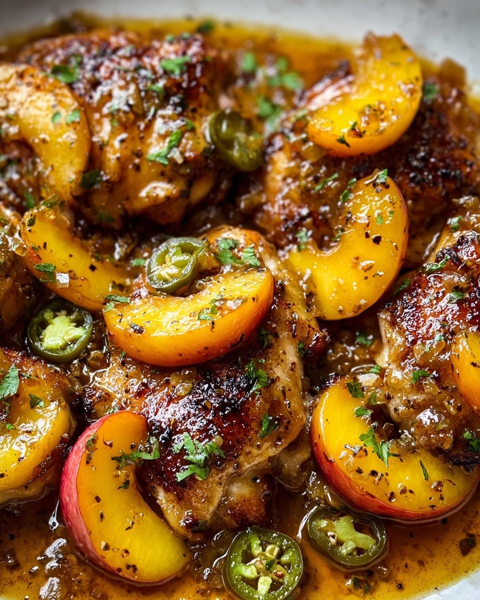 The image shows several browned chicken pieces cooked in a glossy, thick sauce. Each chicken piece is topped with slices of yellow peach and green jalapeño, adding bright color contrasts. The sauce pools around the chicken and has a rich amber tone with specks of black pepper and chopped green herbs sprinkled on top. The texture looks juicy and tender with a shiny glaze. The whole dish rests on a white marbled surface, focusing closely on the warm, inviting colors and details of the chicken, peaches, jalapeños, and fresh herbs. photo taken with an iphone --ar 4:5 --v 7