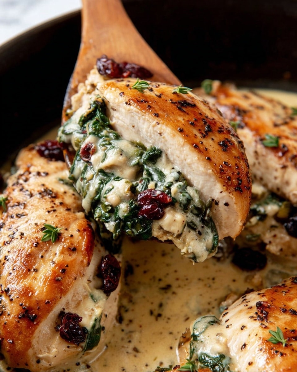 A black cast iron skillet contains six pieces of cooked chicken, each with a golden-brown seared top layer, speckled with small green herb leaves and black pepper. The chicken sits in a light brown sauce with visible small dark round olives and herbs, creating a moist texture. A wooden spoon with a smooth, warm brown finish is lifting one piece of chicken on the left side of the skillet. The skillet is set on a white marbled surface, with a beige cloth partially under it and a small wooden bowl with fresh green herb sprigs above to the right. Photo taken with an iphone --ar 4:5 --v 7