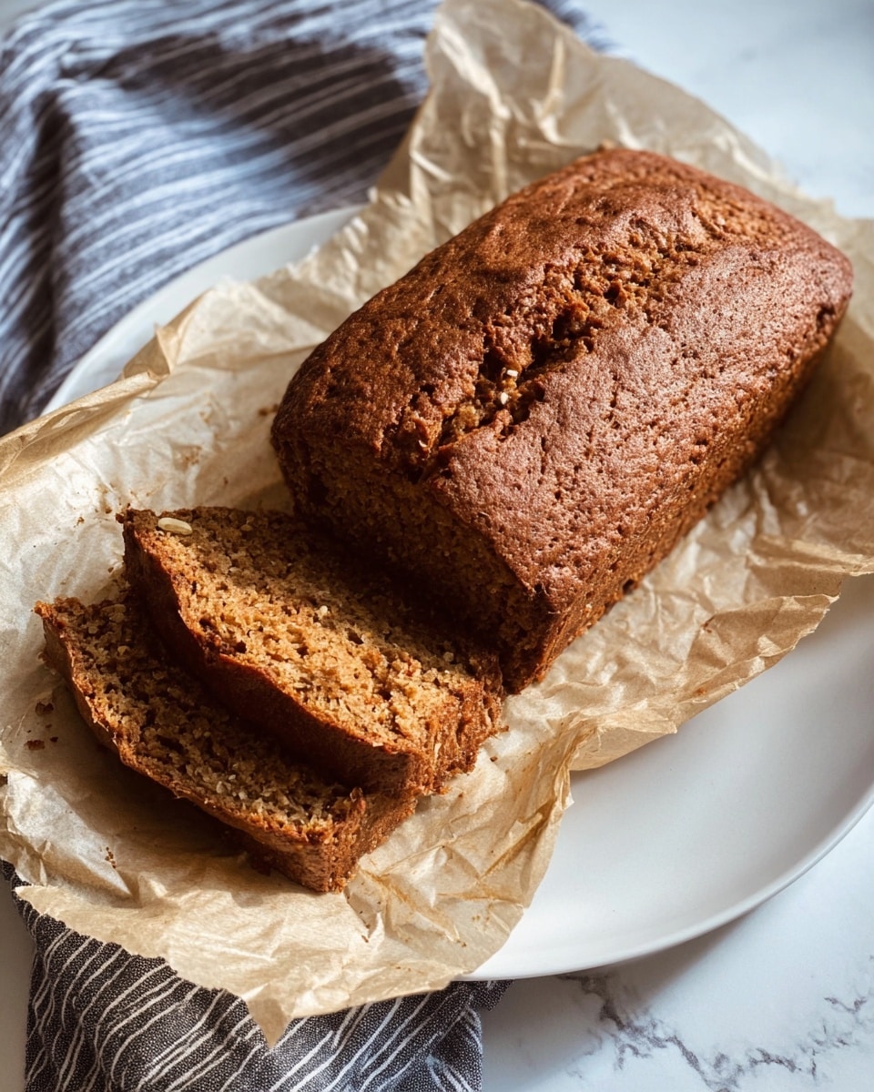 A loaf of brown bread with a rough, cracked top crust is resting on a piece of parchment paper on a white plate. The bread has been sliced, showing a dense, moist interior with a slightly grainy texture speckled with small bits of a lighter color. The parchment paper underneath is crumpled and light beige in color. The background includes a striped blue and white cloth on a white marbled surface. The lighting is natural, casting soft shadows. photo taken with an iphone --ar 4:5 --v 7