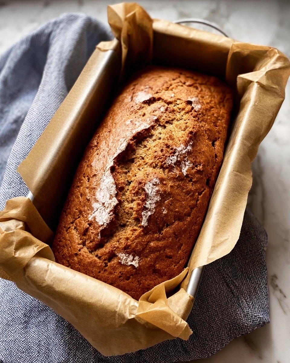 A loaf of golden brown bread with a cracked top sits inside a silver baking pan lined with light brown parchment paper that folds over the sides, showing some dark baked spots. The pan rests on a blue and white striped cloth, all placed against a white marbled surface. The bread looks moist and freshly baked with a rough texture on top and a warm, inviting color. Photo taken with an iphone --ar 4:5 --v 7