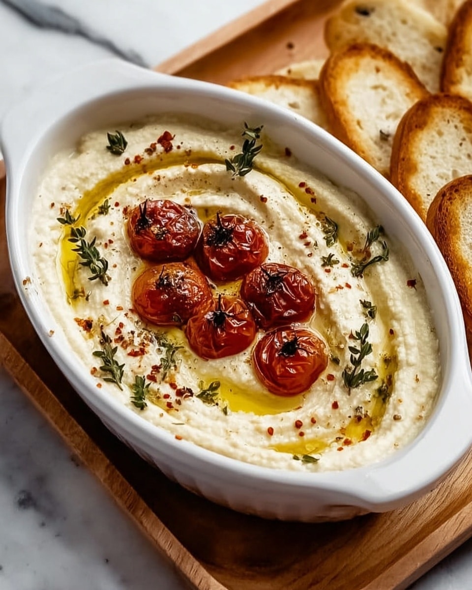 A white oval dish holds a smooth light cream hummus base, swirled gently to create texture on the top layer. Around the center, golden olive oil is drizzled in an uneven ring. Five roasted cherry tomatoes with wrinkled, deep red skin sit in the middle as the third layer. Small green thyme leaves are scattered around the tomatoes, adding pops of fresh color. The hummus surface is sprinkled with a mix of finely crushed black pepper and small chili flakes. The dish rests on a wooden tray with slices of toasted white bread nearby, all set against a white marbled surface. photo taken with an iphone --ar 4:5 --v 7