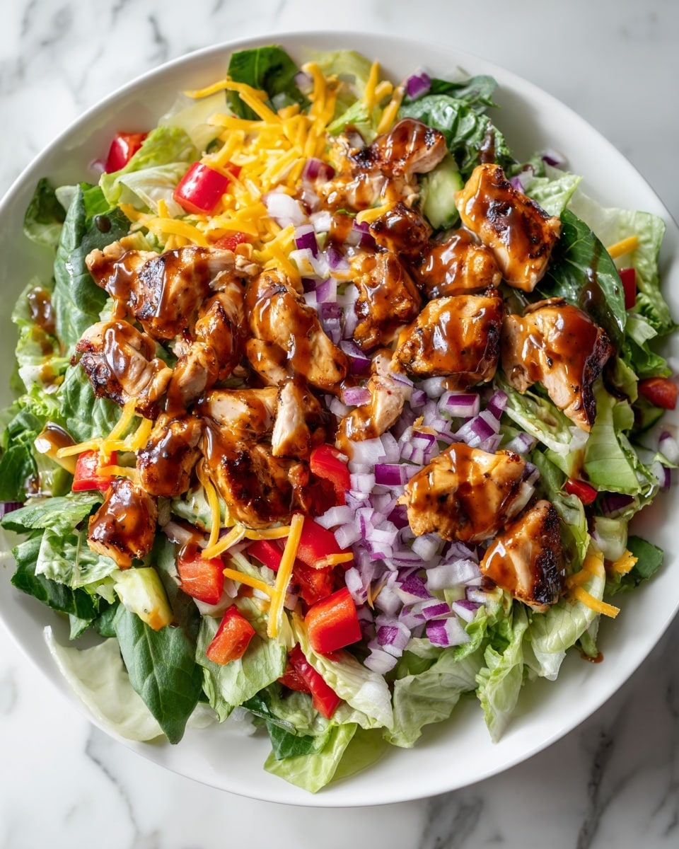 A close-up top view of a fresh salad on a white plate, layered with green leafy lettuce at the bottom, followed by chopped red bell peppers and diced light purple onions scattered evenly. On top, there are bite-sized pieces of grilled chicken with a shiny brown sauce covering each piece. Some shredded yellow cheese is mixed within the layers, adding more texture and color contrast. The plate is set on a white marbled surface. photo taken with an iphone --ar 4:5 --v 7