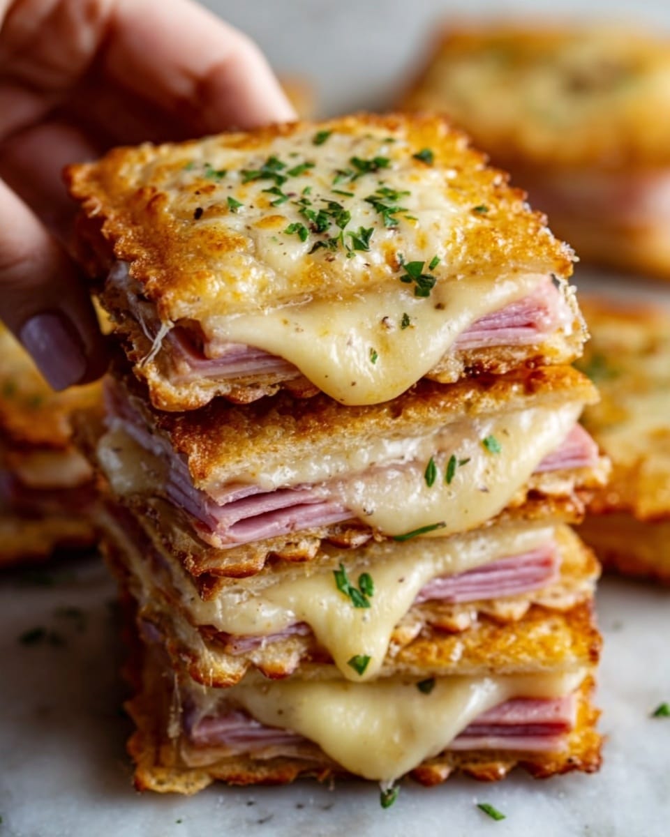The image shows a stack of square toasted sandwiches with three visible layers. The bottom and top layers are golden-brown toasted bread with crispy edges. Inside, there is a pink layer of sliced ham and a melted layer of creamy yellow cheese on both sides of the ham. The top toasted bread has extra melted cheese covering it with small green herb sprinkles. The sandwiches are placed on a white marbled surface. A woman's hand is gently holding the stack from the side. photo taken with an iphone --ar 4:5 --v 7