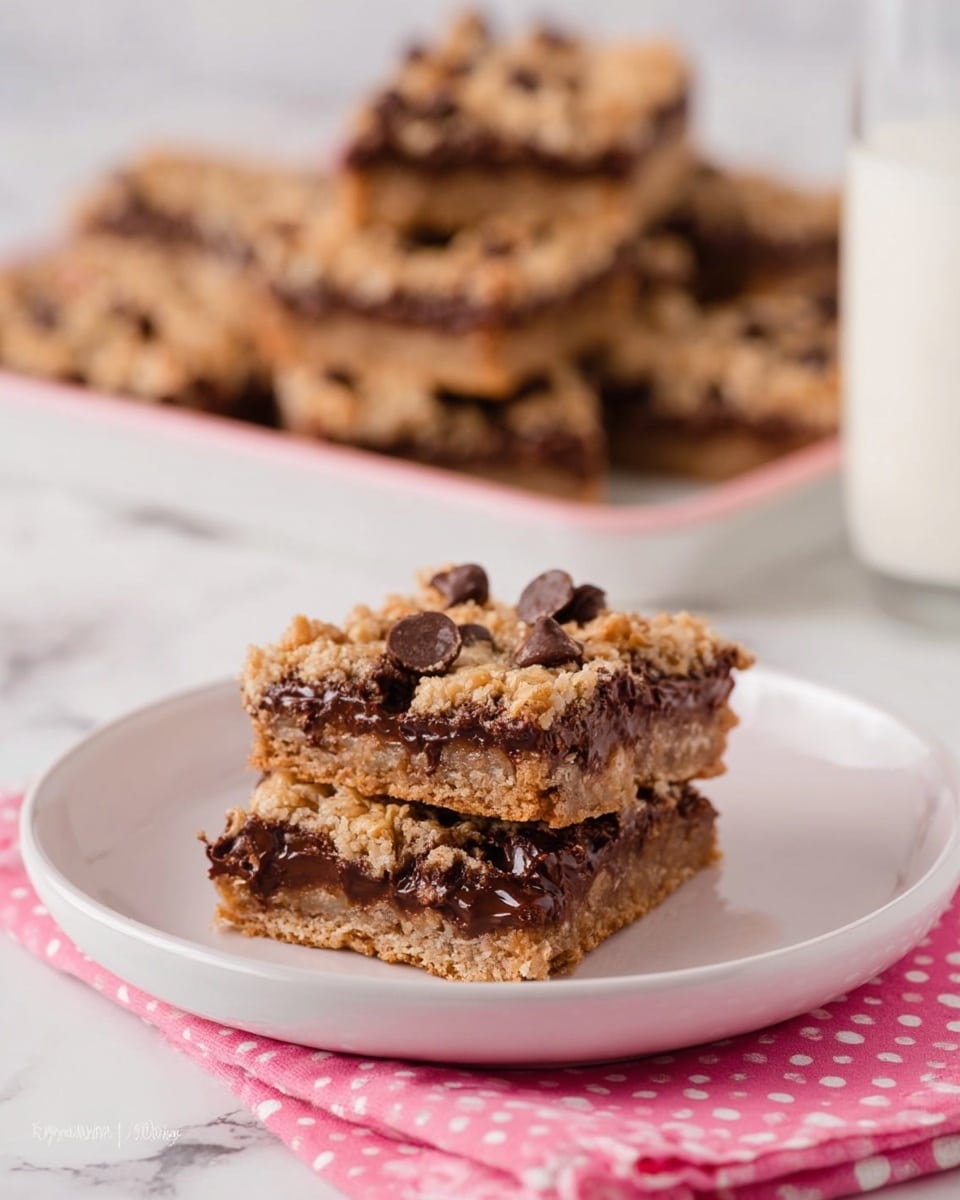 The image shows multiple square-shaped chocolate chip oat bars arranged closely together on a dark wooden board with a checkered pattern. Each bar has two visible layers: the bottom layer is a firm, slightly crumbly base that looks brown and dense, while the top layer is a golden-brown oat crumble studded generously with semi-melted dark chocolate chips. The oat layer is textured and chunky with clusters of oats, and the chocolate chips add glossy, smooth spots of dark brown across the surface. The bars are overlapping in some places, creating a rich, textured visual. Photo taken with an iphone --ar 4:5 --v 7