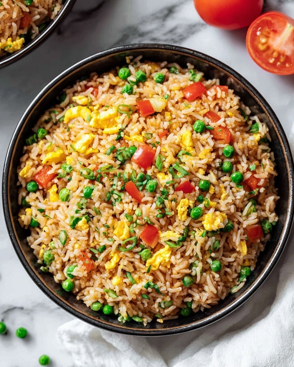 A round black bowl filled with fried rice is shown from above. The rice is light brown and mixed with bright green peas, small red tomato pieces, and scrambled yellow egg bits scattered evenly throughout. The dish surface looks textured with rice grains and colorful vegetable pieces spread naturally. The bowl sits on a white marbled surface, with some peas and a tomato half placed nearby, and a white cloth partially visible on the right side. photo taken with an iphone --ar 4:5 --v 7