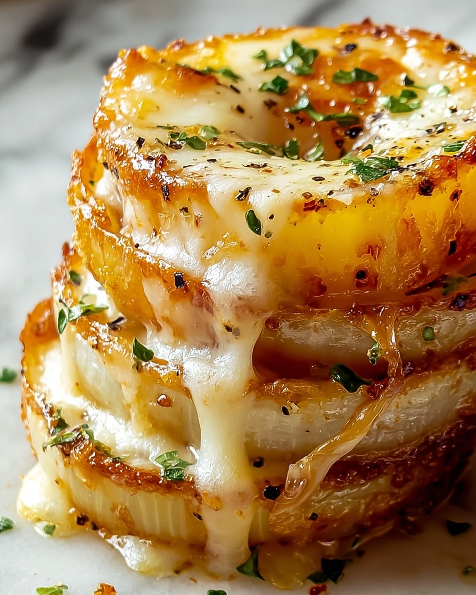 A close-up view of a stack of four golden-brown onion rings filled and topped with melted, slightly browned cheese oozing down the sides, sprinkled with small pieces of black pepper and finely chopped green herbs. The layers show the translucent white inside of cooked onions with a crispy, browned outer edge. The background is a white marbled texture. photo taken with an iphone --ar 4:5 --v 7