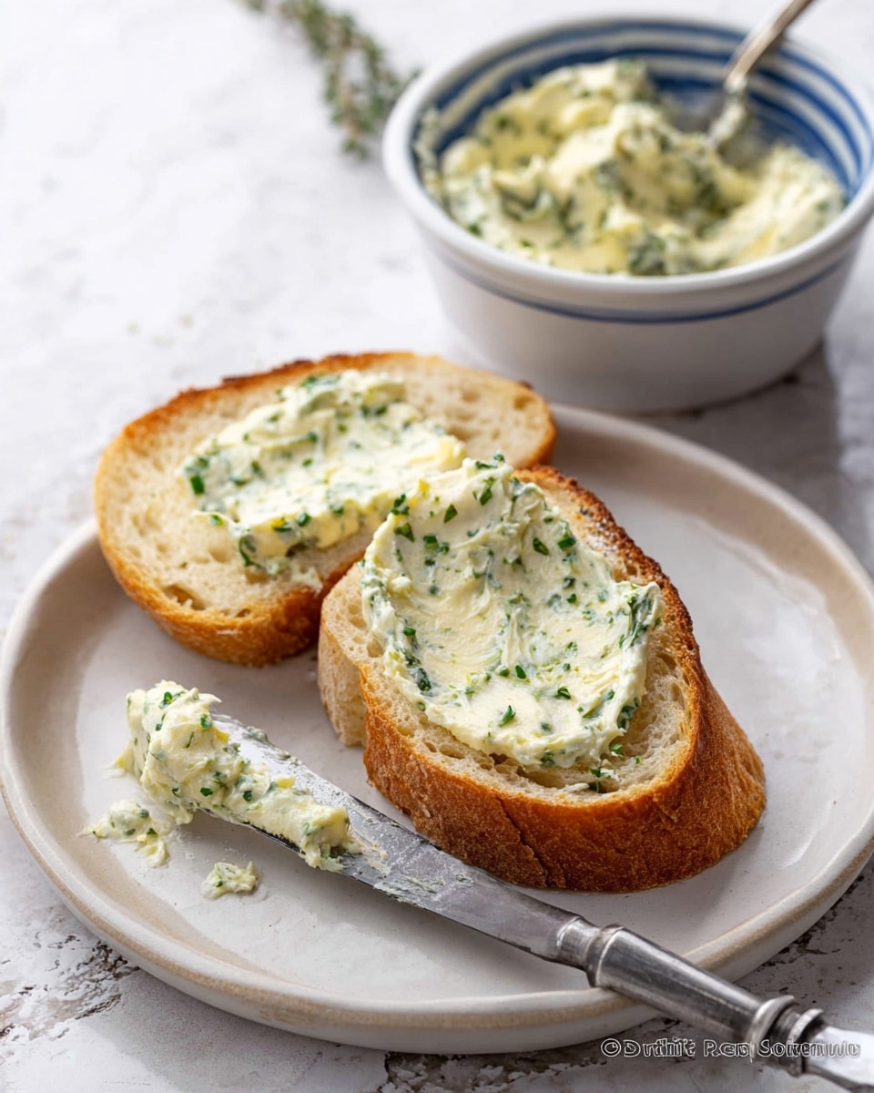 Two slices of toasted bread are placed on a white plate, with the slice on top spread with creamy herb butter showing small green herb bits mixed in. A small metal knife rests on the plate beside the toast, with some of the butter still on it. In the background, there is a small white bowl with blue accents filled with more herb butter. The whole scene sits on a white marbled surface. photo taken with an iphone --ar 4:5 --v 7
