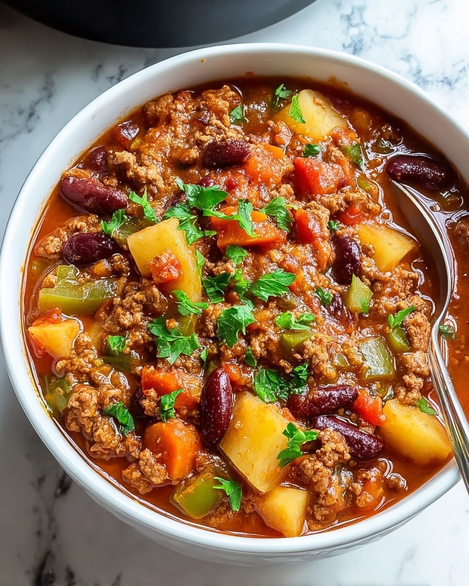 The image shows a close-up of a bowl filled with thick stew. The stew has three main layers: large soft yellow potato chunks, small diced white onions, and crumbled brown meat, all mixed in a rich brown sauce. Bright orange carrot pieces and dark red beans are scattered throughout, with small green parsley bits sprinkled on top. The bowl is white and sits on a white marbled background. photo taken with an iphone --ar 4:5 --v 7