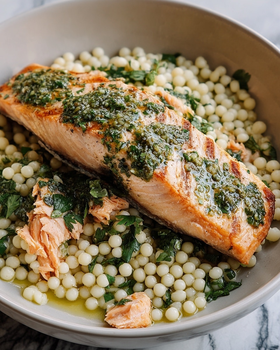 A cooked piece of salmon with a bright orange-pink color sits on top of a bed of small round couscous pearls. The salmon is topped with a green herb sauce that looks oily with chopped herbs scattered across the surface. The couscous pieces are light yellow and mixed with bits of green herbs and some small salmon pieces, creating a textured look. All of this is placed in a white bowl, resting on a white marbled surface, with a silver fork visible at the top right corner. photo taken with an iphone --ar 4:5 --v 7