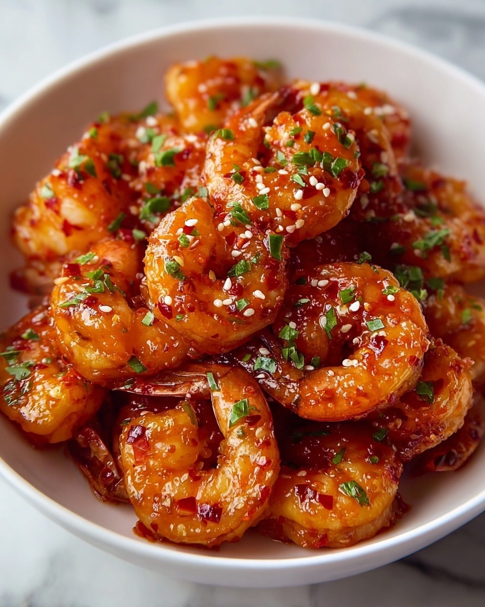 A white bowl filled with a generous pile of cooked shrimp coated in a shiny reddish-orange spicy sauce, each shrimp curled and glistening with sauce speckled with bits of chili and garlic. The shrimp have a slightly crisp texture and are sprinkled with chopped fresh green herbs and sesame seeds, adding small pops of green and white on top. The bowl sits on a white marbled surface, and a portion of a white bowl with a dark sauce can be seen blurred in the background. Photo taken with an iphone --ar 4:5 --v 7