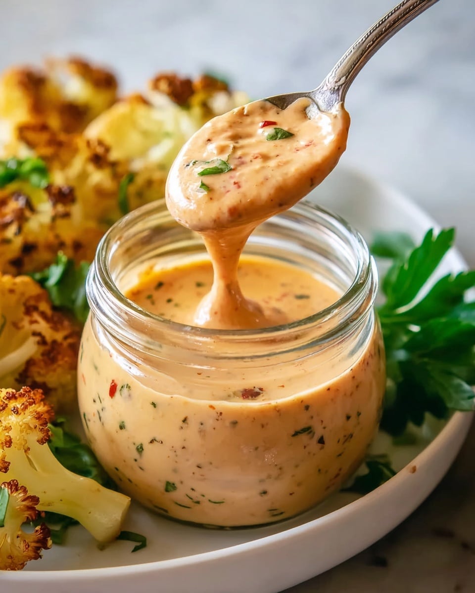 A small glass jar filled with a creamy light orange sauce speckled with black, red, and green herbs and spices, the sauce has a smooth, slightly thick texture. A spoon lifts some sauce, showing its creamy flow with visible herb pieces. Behind the jar are golden roasted cauliflower florets with crisp, browned edges sitting on a white plate. On the plate, fresh green parsley leaves add contrast near the jar. The whole scene is set on a white marbled surface. Photo taken with an iphone --ar 4:5 --v 7