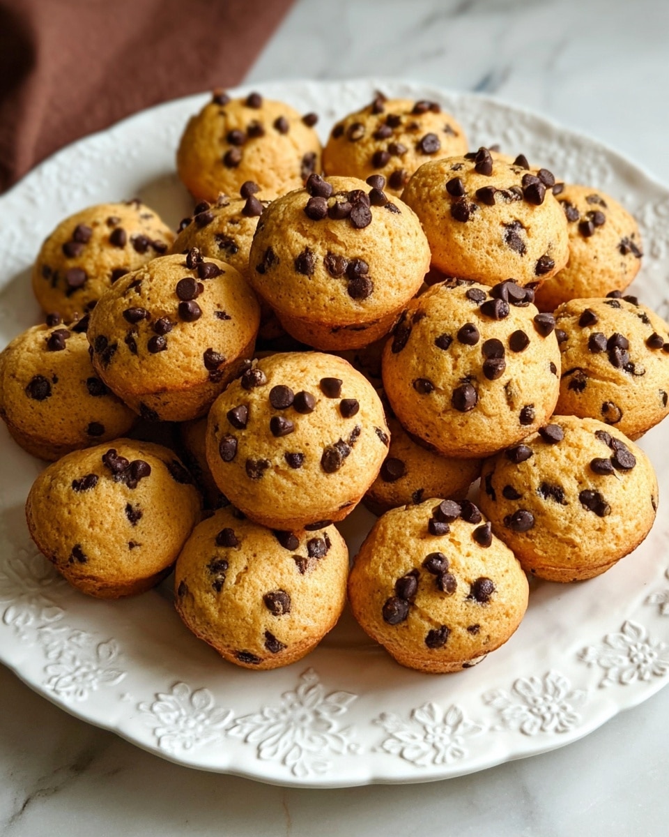 A white plate with raised floral patterns holds about twenty small, round muffins that are golden brown with a soft texture, each sprinkled with many small dark chocolate chips scattered all over. The muffins are piled loosely, some overlapping and creating a casual, homemade look, set on a white marbled surface. photo taken with an iphone --ar 4:5 --v 7