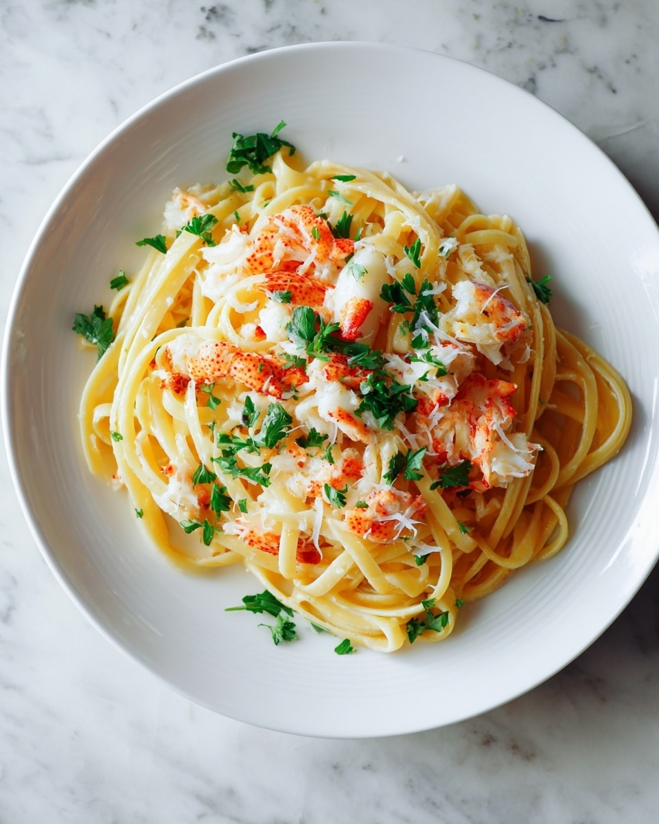 A white round plate holds a serving of thick, twisted pasta strands arranged in a loose nest shape. On top and around the pasta are small pieces of bright orange and white cooked lobster meat. Shredded white cheese is sprinkled over the pasta, with fresh green parsley leaves scattered on top, adding a pop of color. The plate sits on a white marbled surface. Photo taken with an iphone --ar 4:5 --v 7