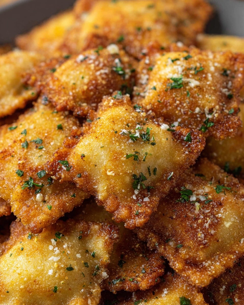 A close-up view of many pieces of golden-brown fried ravioli stacked together, each piece showing a rough, crispy texture from the breading with small crunchy bits around the edges; some pieces have a light sprinkle of white grated cheese and small green parsley flakes on top, creating a colorful contrast; the overall feel is warm and crunchy with a crunchy coating and soft inside suggested by the slightly puffed ravioli shape, all set against a background of white marbled texture. photo taken with an iphone --ar 4:5 --v 7