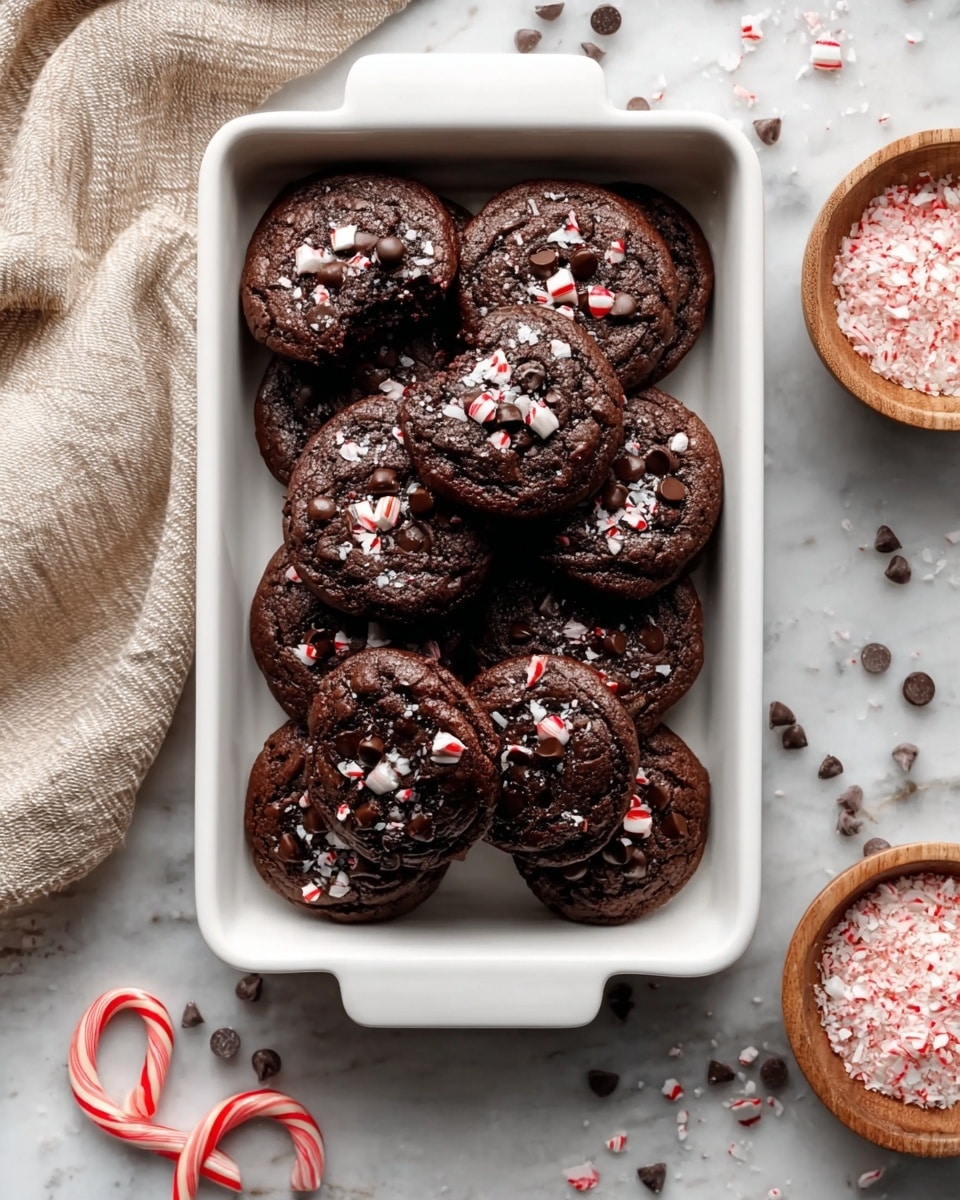 A white plate holds a stack of dark brown chocolate cookies with a cracked texture on top. Each cookie is studded with glossy chocolate chips and sprinkled with crushed red and white peppermint pieces. One cookie is partially eaten, showing a moist and rich inside layer. A small candy cane with red and white stripes lies in front on the white marbled surface, along with a few scattered chocolate chips. The background is softly blurred with neutral colors. photo taken with an iphone --ar 4:5 --v 7