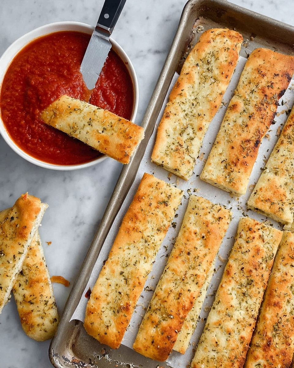 The image shows several thick golden-brown focaccia bread strips, sprinkled with herbs and coarse salt. On the right side, a metal baking tray holds a cut focaccia with a knife resting on top. Outside the tray, on a white marbled surface, are more focaccia strips scattered around. Near the top left, a white bowl filled with rich red marinara sauce contains one focaccia strip dipped halfway in the sauce, held by a woman's hand. The bread looks soft inside with a slightly crispy crust. Photo taken with an iphone --ar 4:5 --v 7