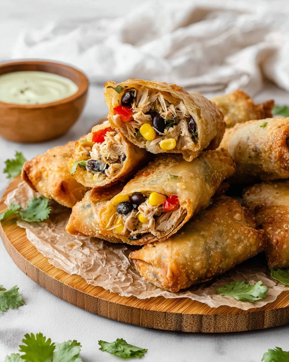 The image shows crispy golden-brown egg rolls stacked on a round wooden board lined with brown parchment paper. The egg rolls are cut in half, revealing a colorful filling inside with shredded white chicken, bright yellow corn, black beans, red bell peppers, and bits of green herbs. Around the board, fresh green cilantro leaves are scattered on a white marbled surface. In the background, a white cloth and a wooden bowl filled with a creamy green sauce with chopped herbs are partially visible. The scene feels fresh and appetizing with warm tones and contrasting colors. photo taken with an iphone --ar 4:5 --v 7