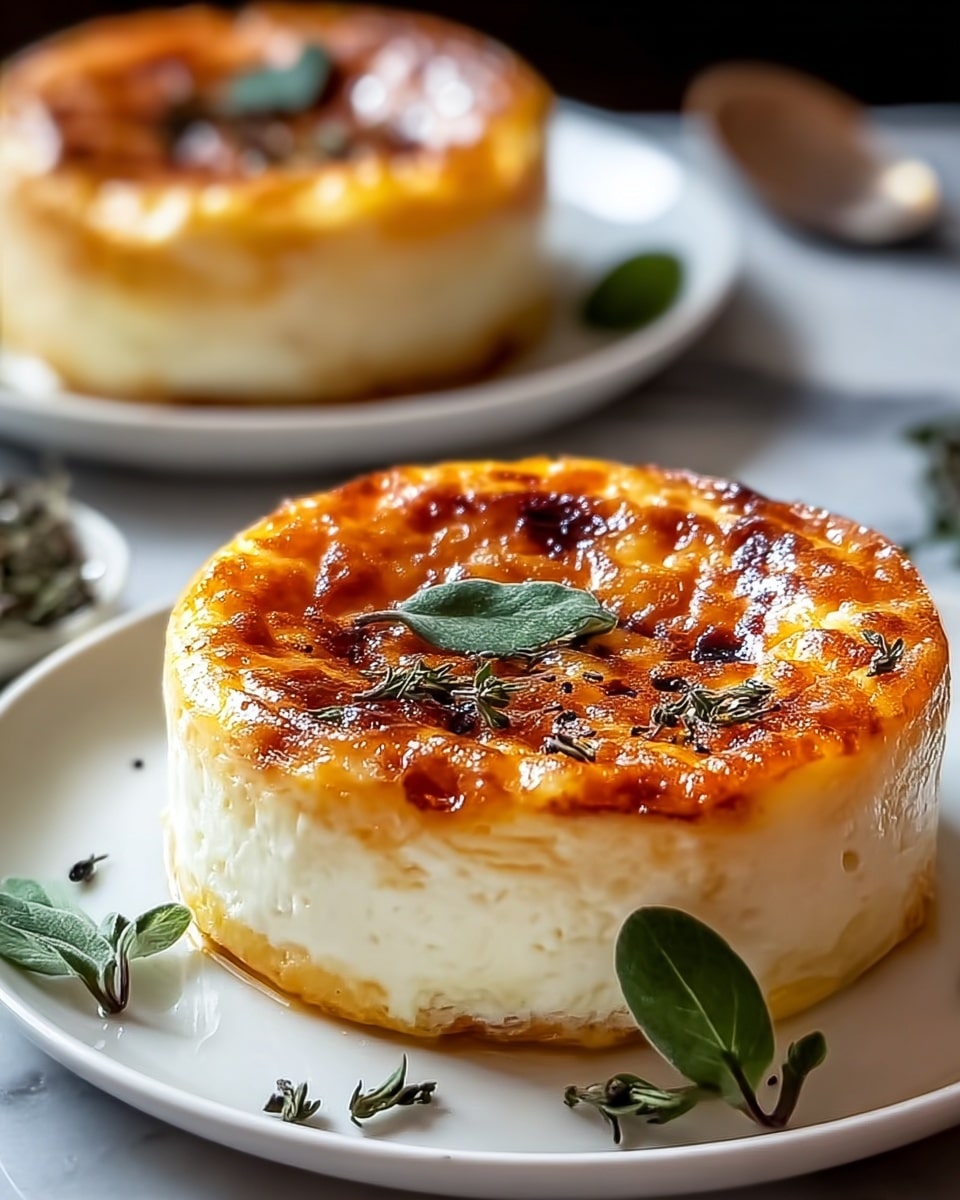 Two round, golden-brown baked cheese tarts sit on white plates over a white marbled surface, each tart showing three visible layers: a thin crust base, a thick middle layer of soft white cheese, and a top layer that is caramelized and slightly blistered with a shiny, rich brown finish. Small green leaves and sprinkled black herbs decorate the shiny, browned top layer, adding fresh color contrast. The background is blurred, keeping focus on the detailed texture of the tarts’ creamy middle and crispy tops. photo taken with an iphone --ar 4:5 --v 7